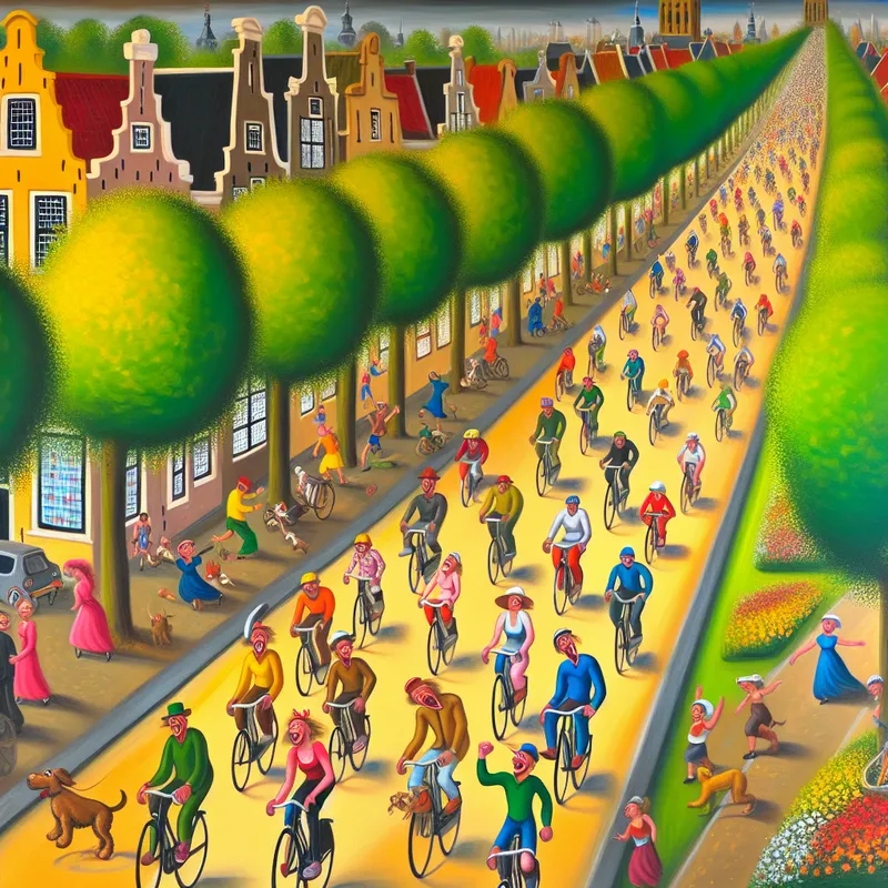 Een levendige stadsfietstocht met fietsers en wandelaars in een charmante Nederlandse stad.