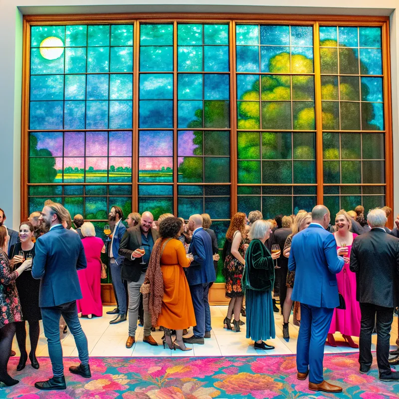 Drukke foyer met gasten die elkaar ontmoeten en praten voor een voorstelling, omringd door elegante decoraties en grote ramen.