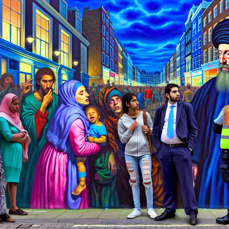 Drukke stedelijke scène met een kleurrijke graffiti-muur en mensen die er voorovergebogen van genieten, terwijl een beveiligingsagent toekijkt.