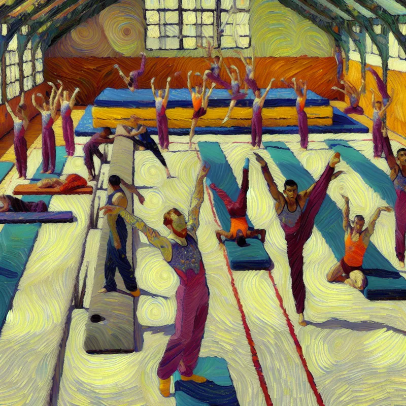 Een levendige gymnastiekles met studenten die acrobatiek beoefenen op kleurrijke matten in een gymzaal in de stijl van Vincent van Gogh.
