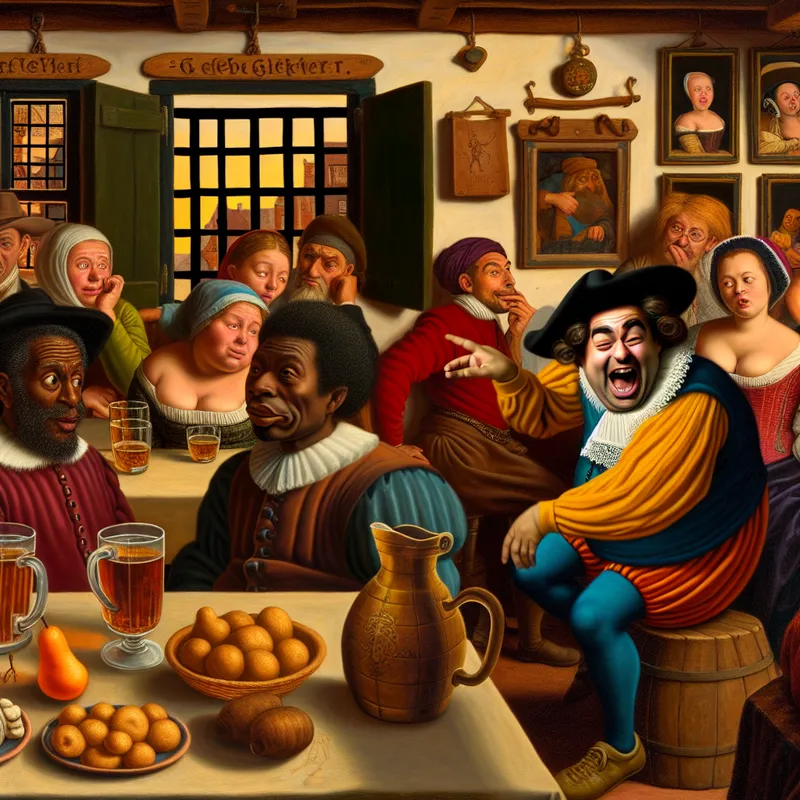 Een levendige taferelen in een drukke herberg met mensen die discussiëren, het hoofdpersonage vertelt een overdreven verhaal met een grijns, anderen lijken sceptisch.