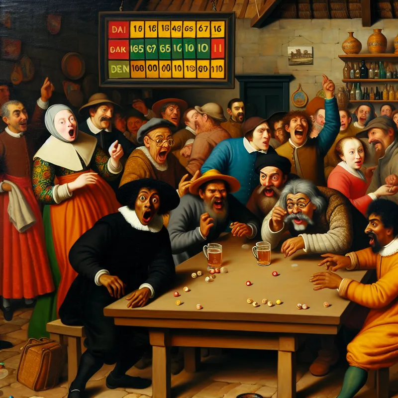 Een levendig tafereel in een drukke herberg met mensen die een spel spelen. Een speler toont teleurstelling terwijl zijn score op nul staat.