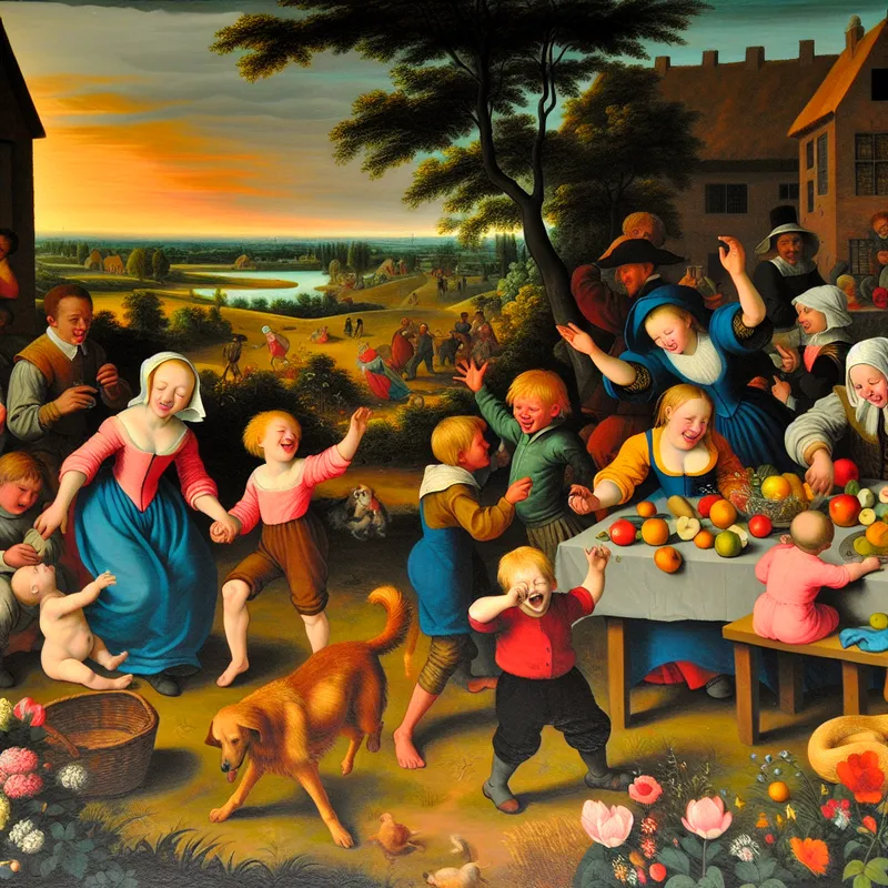 Een drukke en levendige huiselijke scène met kinderen die buiten spelen, een blije familie-interactie, een speelse hond en een tafel met een appel, wat symbool staat voor het bepaalde lidwoord in het Nederlands.