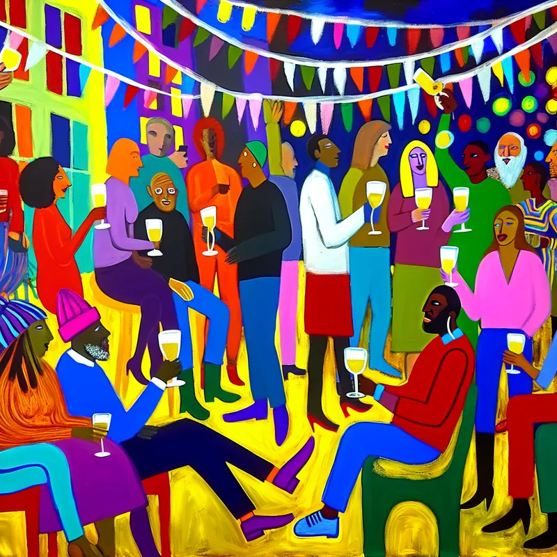 Een levendige illustratie van een informele bijeenkomst met mensen die drankjes drinken, in de stijl van Karel Appel.