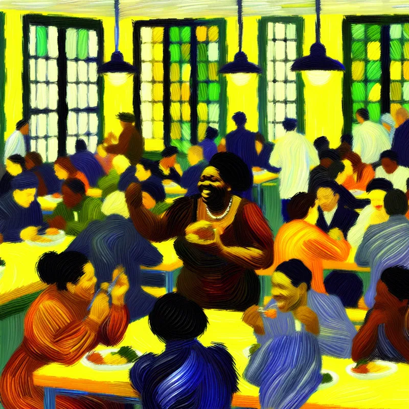 Drukke kantine met diverse mensen die levendige gesprekken voeren, afgebeeld in de stijl van Van Gogh.