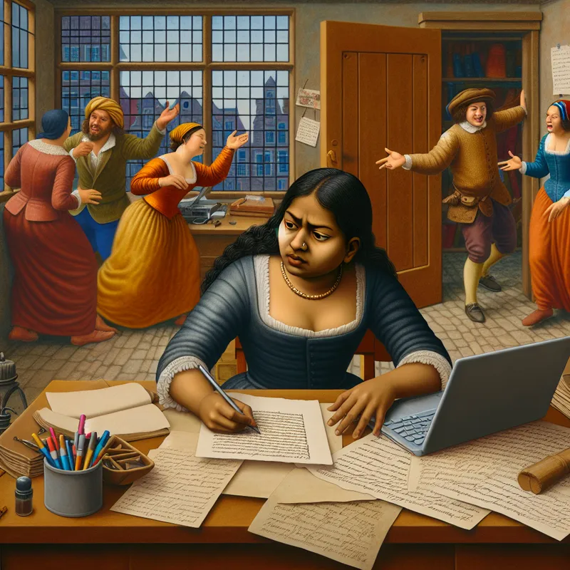 Een levendige kantooromgeving met een personage dat een rapport schrijft aan een rommelig bureau, omringd door andere medewerkers die humoristisch discussiëren over een vergadering.