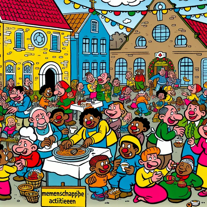 Vrolijke cartoonachtige afbeelding van een diverse kerkelijke gemeenschap die samenkomt voor een evenement met een voedselkraam en spelende kinderen.
