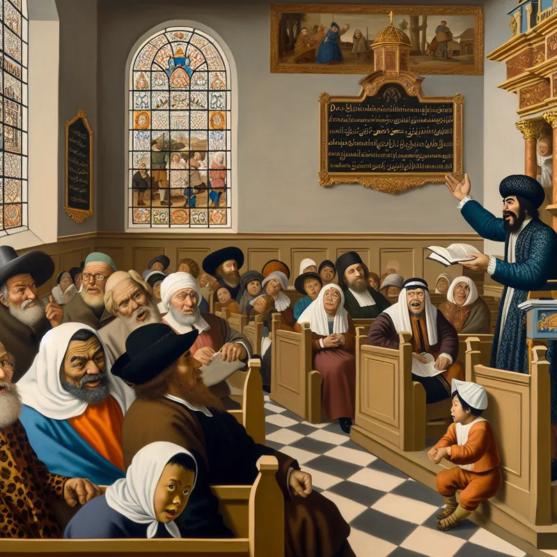 Een levendige en humoristische weergave van een kerkinterieur met een diverse groep kerkgangers, waaronder discussiërende ouderen, aandachtige kinderen en een charismatische predikant.