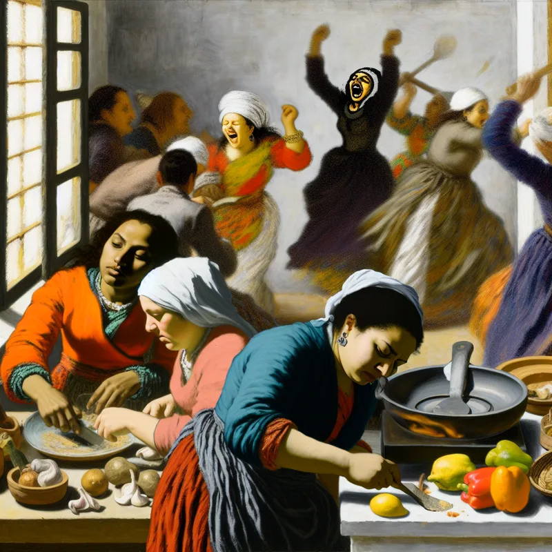 Groep mensen in een keuken die samen koken en dansen, met een vrouw die aandachtig naar een kookdemonstratie kijkt.