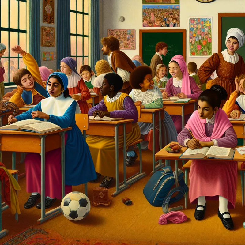 Een jong meisje zit geconcentreerd aan haar bureau in een levendige klas, omringd door andere meisjes die lachen en praten.