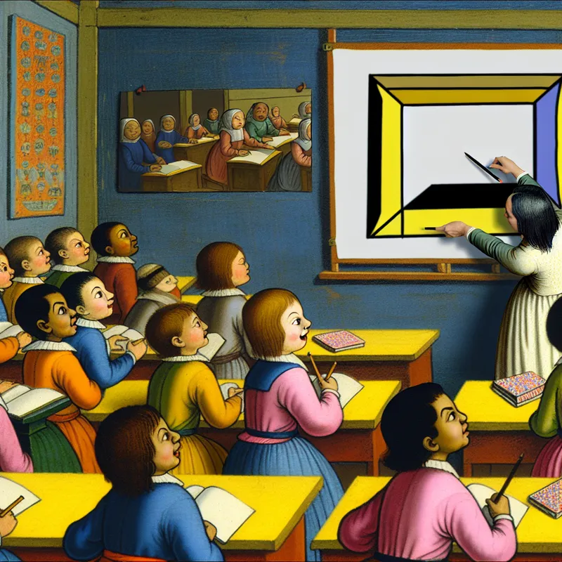 Een actieve klaslokaal scène met studenten die betrokken zijn bij het leren over geometrie, met een grote banner van een rechthoek.