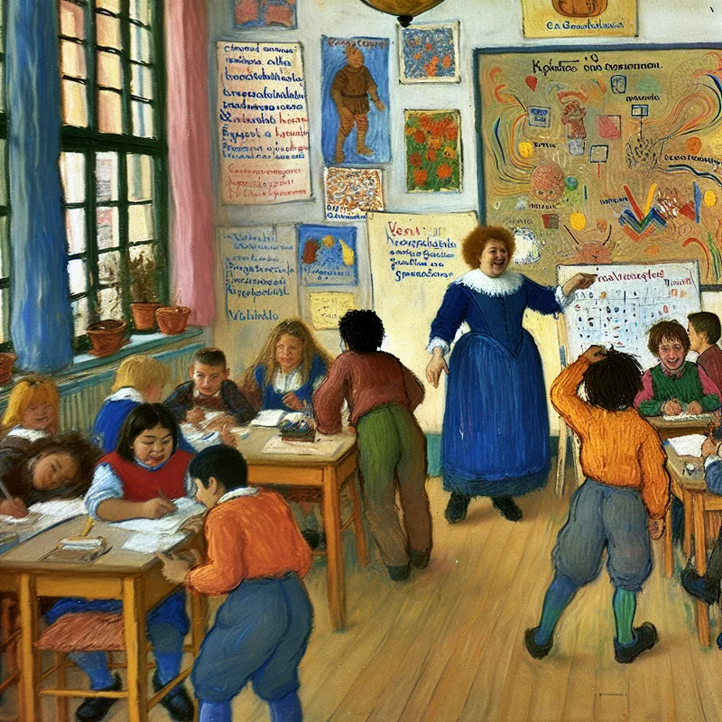 Een levendige klaslokaalscène met diverse studenten die interactie hebben met een groot bord dat verschillende onderwerpen zoals geschiedenis, wiskunde en wetenschap weergeeft.