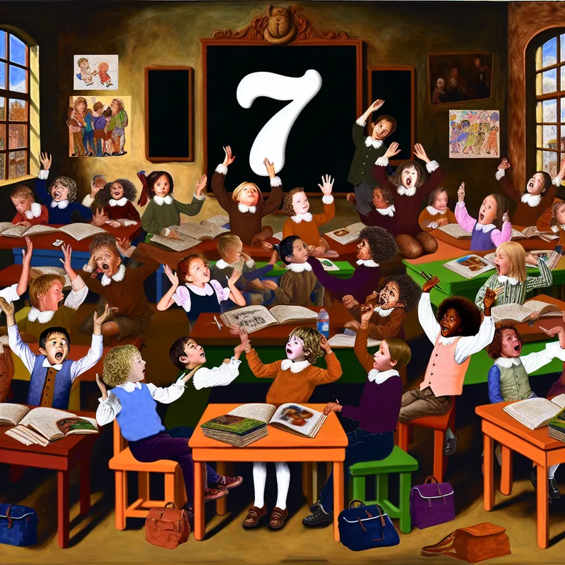 Een levendige klaslokaalscène met jonge kinderen van ongeveer zeven jaar, bezig met leren en interactie.