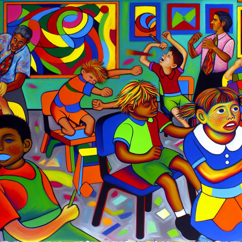 Een drukke klaslokaalscène met kinderen die tekenen van ADHD vertonen, zoals het uit de stoel springen en afgeleid zijn door kleurrijke speeltjes.