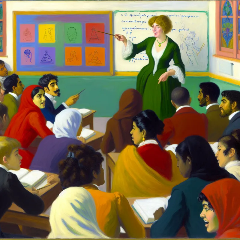 Een levendig klaslokaal met een enthousiaste leraar die instructies geeft aan betrokken studenten.