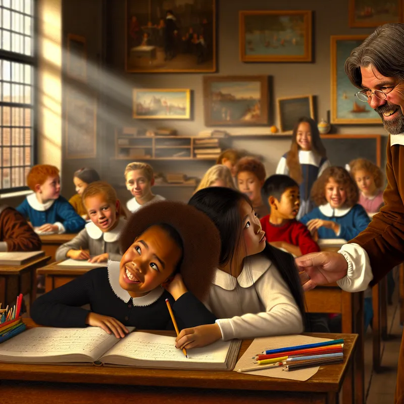 Drukke klasomgeving met een leraar die een worstelende leerling helpt