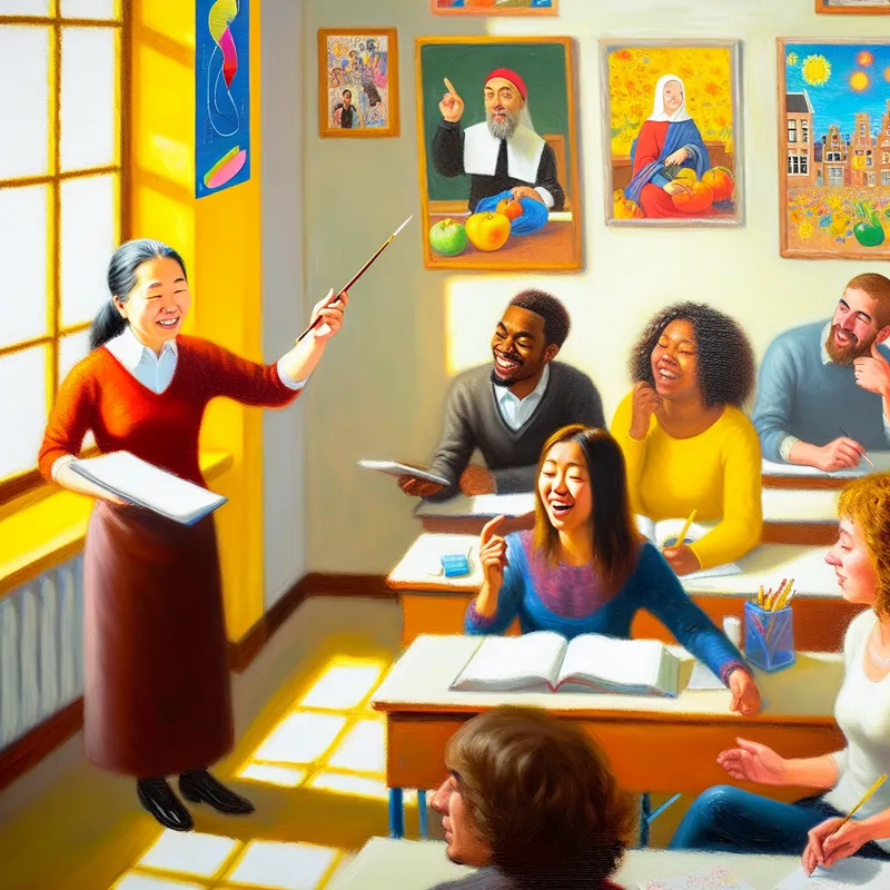 Een levendige leszaal met volwassen leerlingen die actief deelnemen aan een cursus. Een docent staat voor een whiteboard en legt concepten uit terwijl anderen aantekeningen maken en ideeën delen.