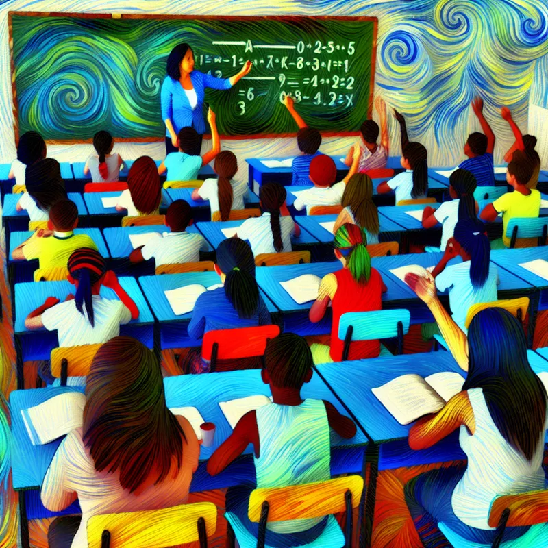 Een levendige klaslokaal scène met diverse leerlingen die samen leren aan kleurrijke desks.