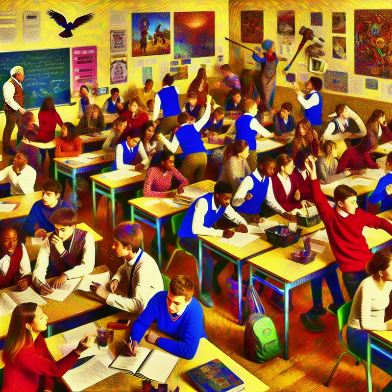 Drukke klas met actieve studenten en een leraar die teamwork en samenwerking bevorderen.