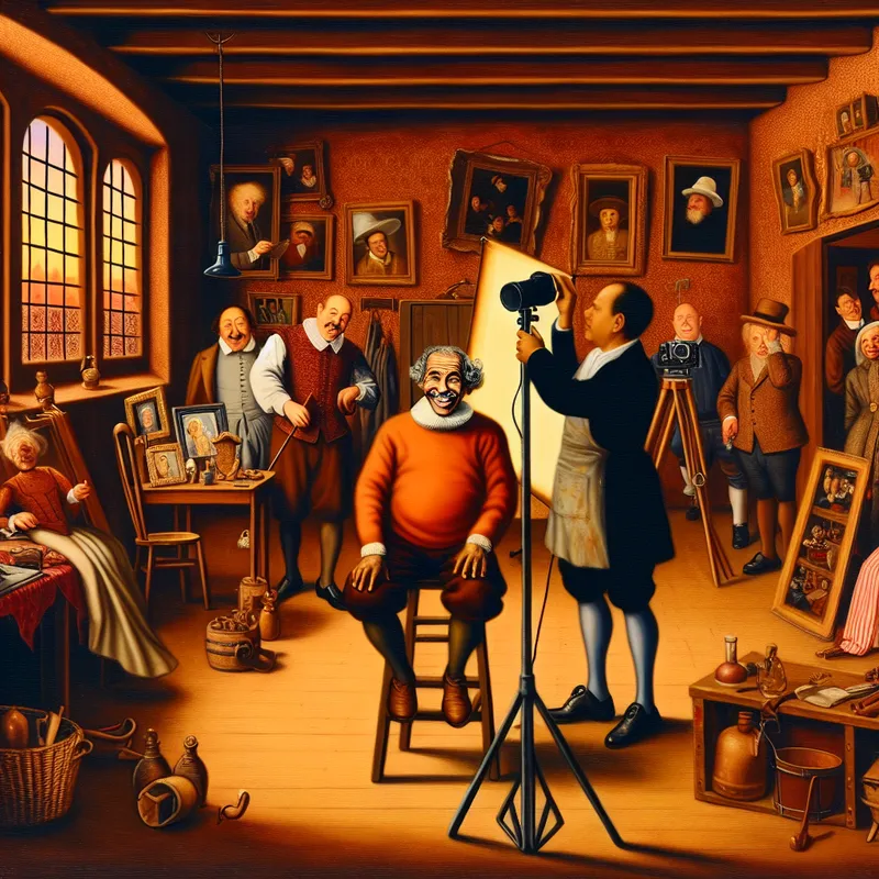 Een artistieke studio met een man die poseert voor een paspoortfoto, omringd door kleurrijke details.