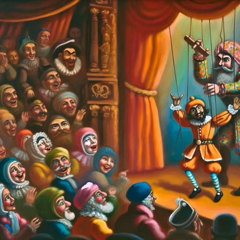 Een puppeteer die een kleurrijke marionette bestuurt op een levendig theaterpodium met een blije publik