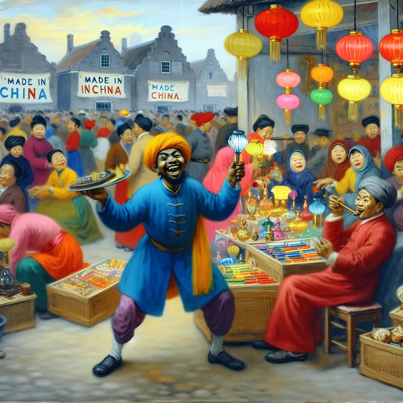 Portret van een blije verkoper op een drukke markt met kleurrijke Chinese producten zoals lampen en speelgoed.