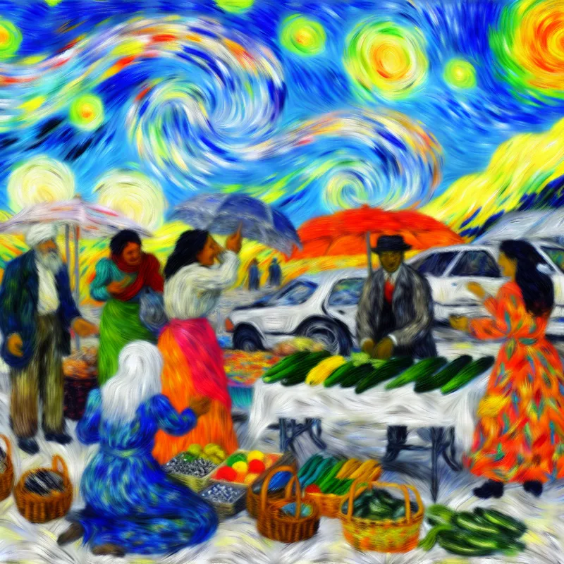 Vibrant marketplace scene with diverse vendors and customers