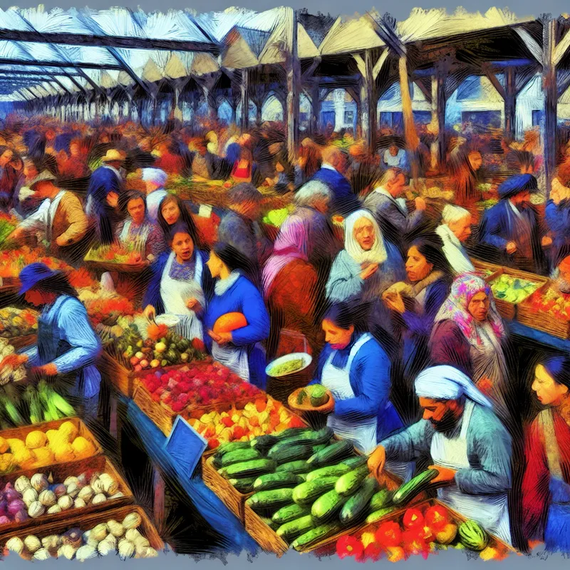 Buitengewone marktscène met kleurrijke, verse producten, gezond voedsel en enthousiaste shoppers.