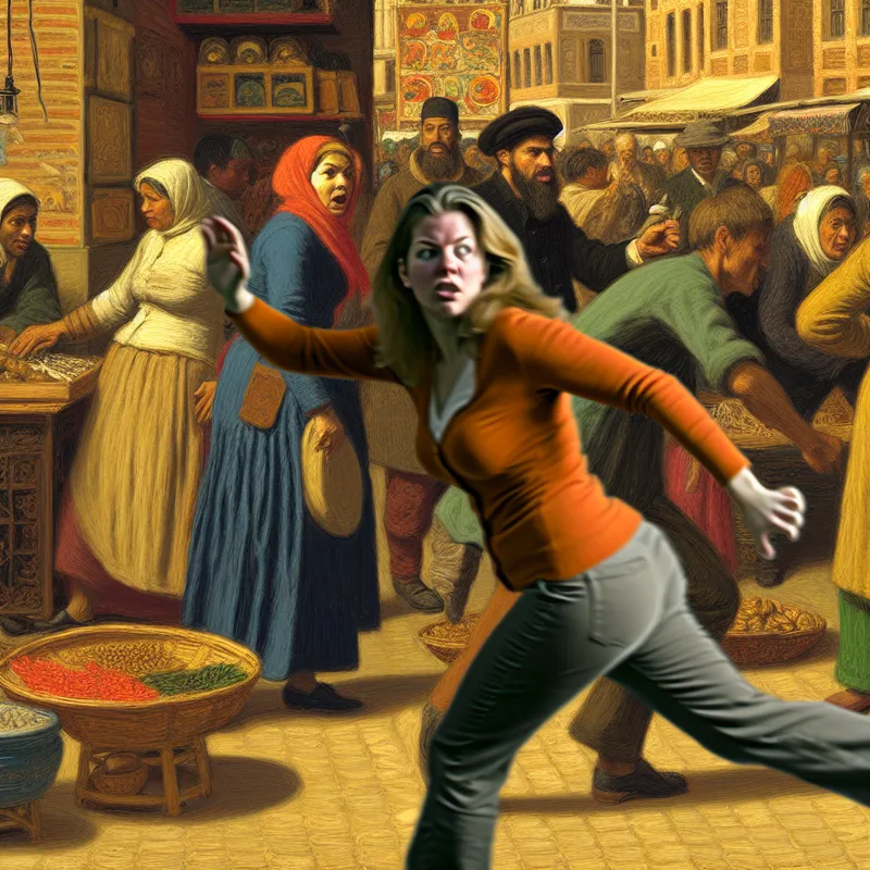 Vrouw jaagt vastberaden achter een zeldzaam item in een drukke markt vol kleurrijke kraampjes en diverse mensen.