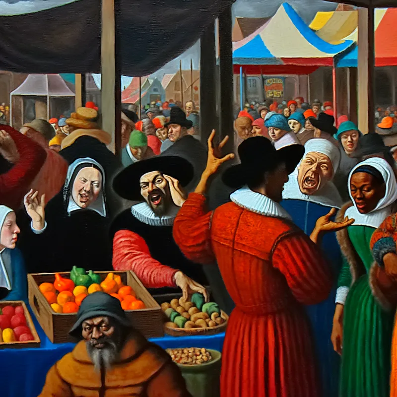 Een levendige marktscène met een groep mensen die een discussie voeren, waarbij iemand wijst naar twee producten.