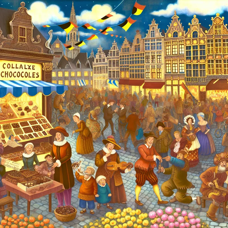 Een levendige marktscène in België met toeristen, historische gebouwen en straatartiesten.
