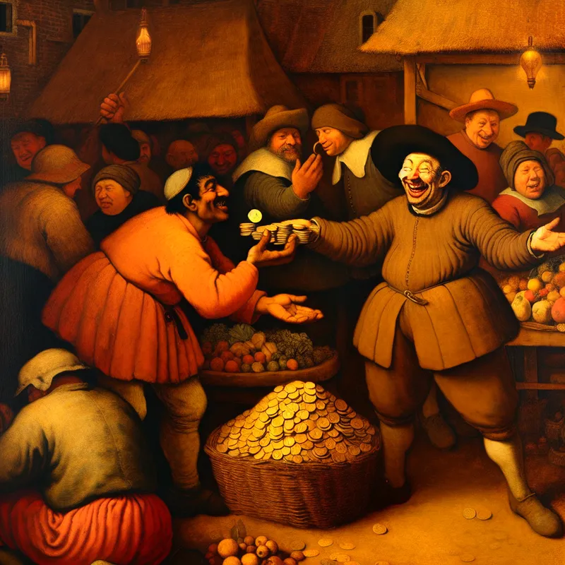 Een man betaalt zijn schulden aan een vrolijke marktkoopman in een drukke markt.