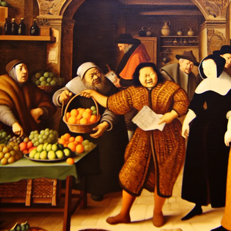 Een levendig marktscène met een vrouw die fruit verhandelt en mensen die in gesprek zijn over juridische documenten.