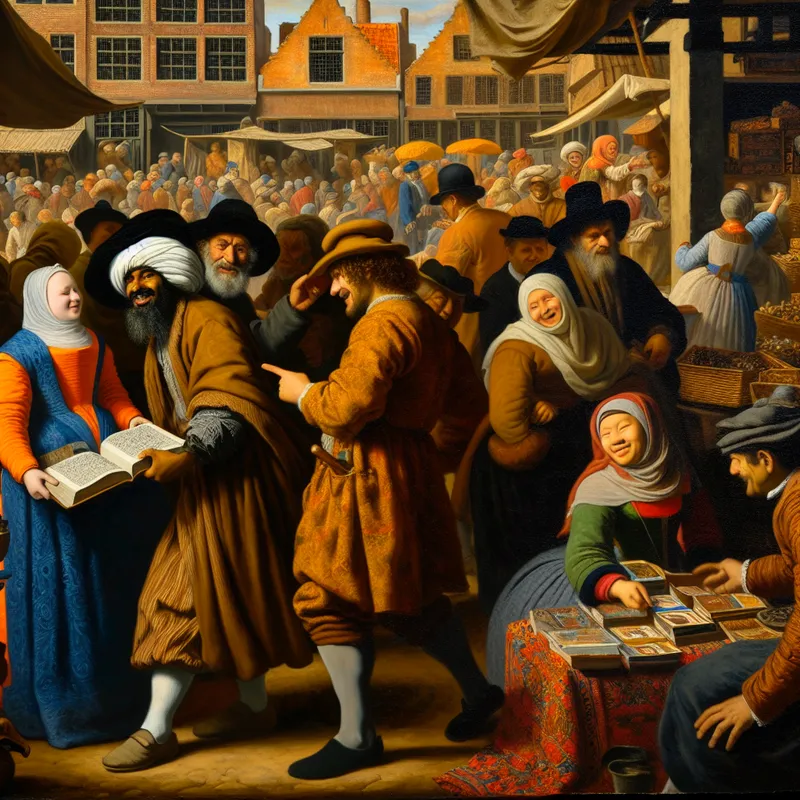 Een levendige marktscene met een man die een boek toont aan een vriend, omringd door kleurrijke kraampjes met goederen.