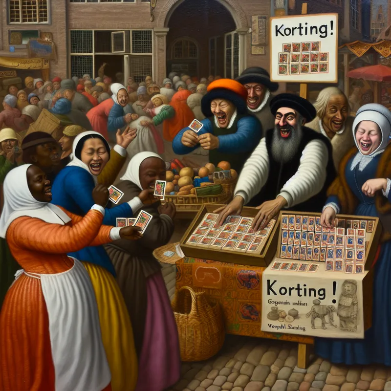 Een levendige marktscene met een vrolijke winkelier die kortingzegels uitdeelt aan blije klanten, met een kleurrijke winkel op de achtergrond en een banner die 'Korting!' aankondigt.