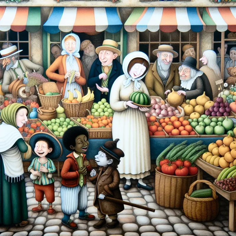 Een levendige marktscène met lokale verkopers die hun producten aanbieden op een zaterdag, met kleurrijke kraampjes en een diverse menigte.