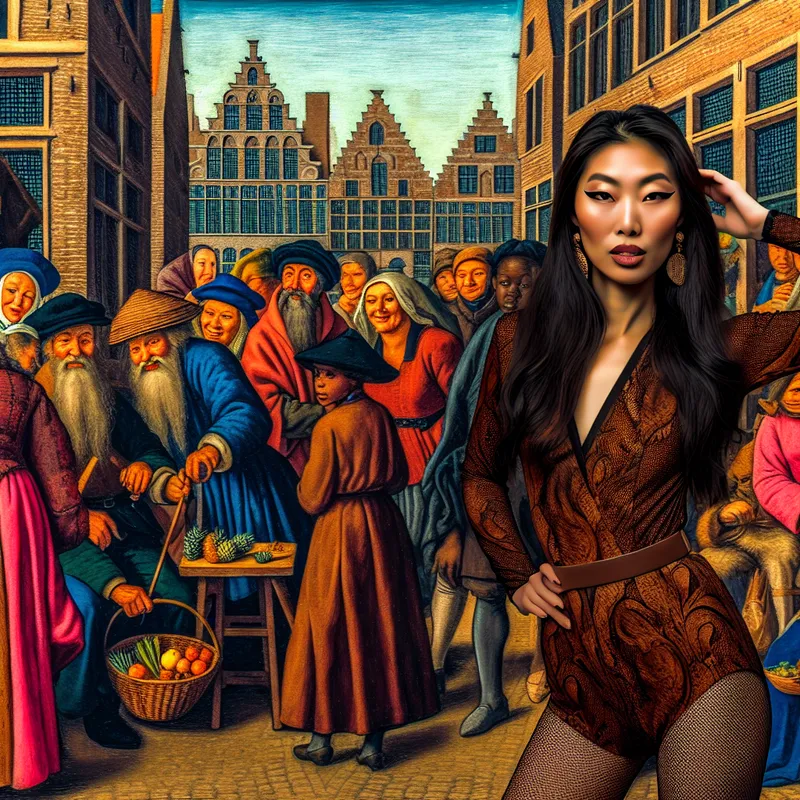 Een levendige marktscène met een model dat zelfverzekerd poseert in het midden, omringd door mensen met verschillende gezichten en uitdrukkingen.