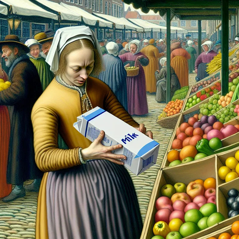 Voorgrond met een shopper die nieuwsgierig naar een doos melk kijkt met een duidelijk zichtbare 'THT'-datum.