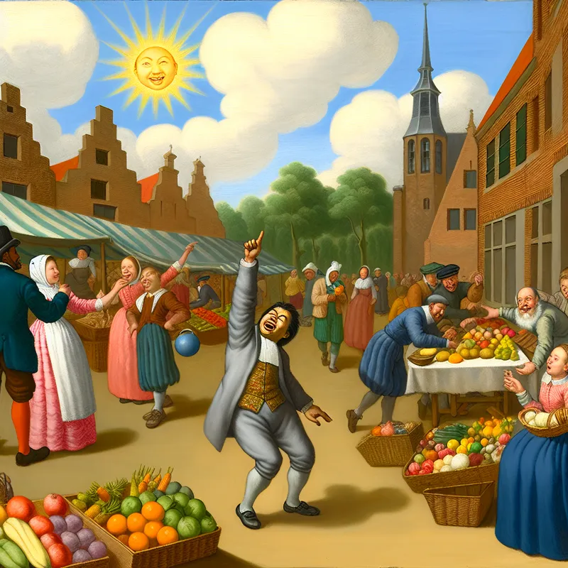 Een levendige marktscene met kinderen die met een bal spelen en verkopers die kleurrijke groenten en fruit aanbieden, met een personage dat enthousiast naar de lucht wijst.