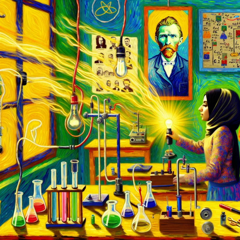 Een student die met passie een natuurkunde-experiment uitvoert met elektrische circuits en een gloeilamp, omgeven door wetenschappelijke apparatuur in een levendig klaslokaal.