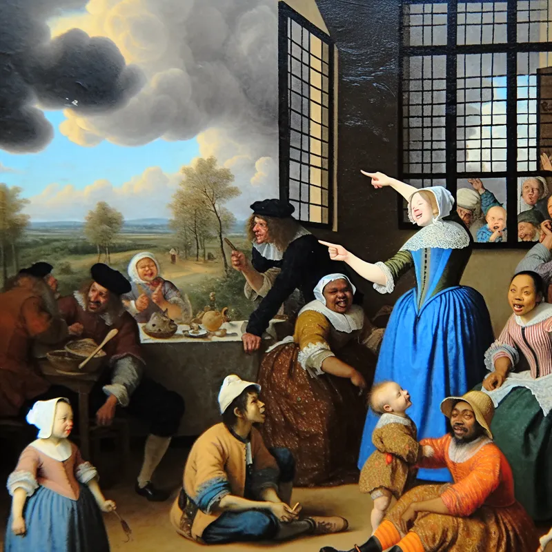 Een vrouw wijst zelfverzekerd naar de lucht in een drukke, levendige Nederlandse familietafelsetting.