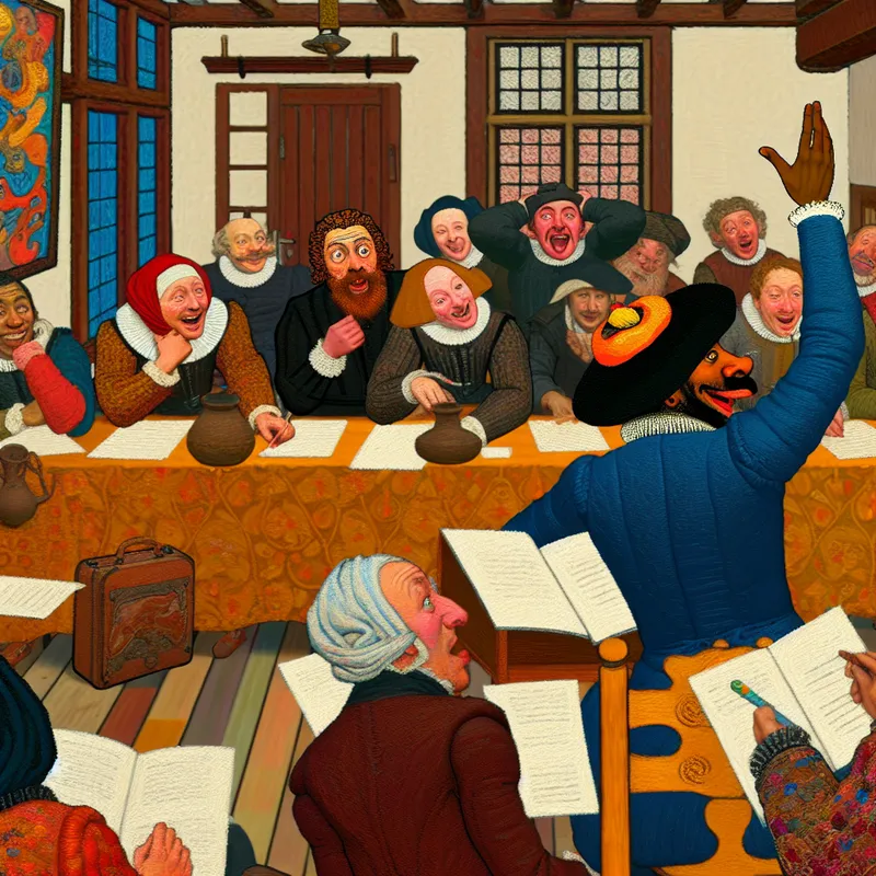 Een levendige vergaderomgeving waar een persoon enthousiast zijn hand opsteekt om een idee te presenteren aan collega's aan een houten tafel.