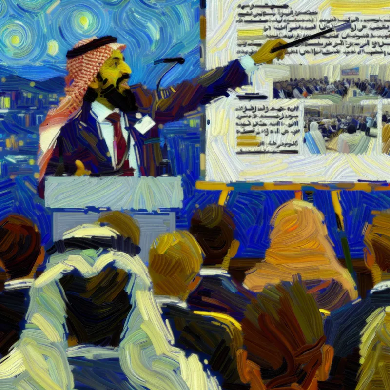 Persoon aan een podium tijdens een presentatie, wijzend naar een display bord met belangrijke punten, publiek betrokken en enkele notities makend.