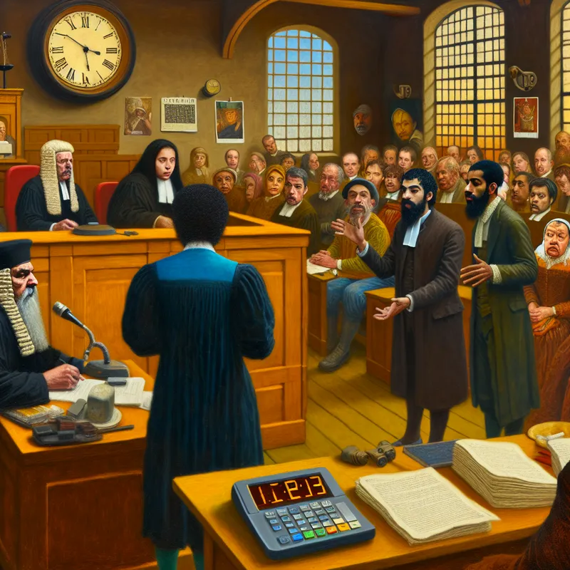 Een levendige rechtszaal met een jurist en twee nerveuze advocaten die hun zaak presenteren, met een digitale klok en stapels documenten op de voorgrond.