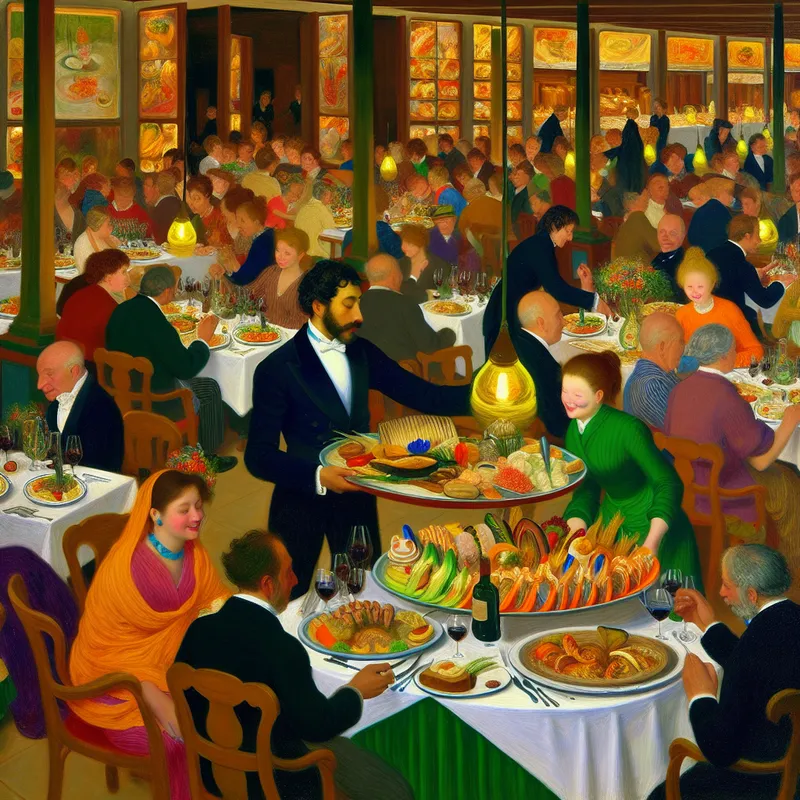 Een levendige restaurantscene met een prachtig gepresenteerde maaltijd en een attente ober.