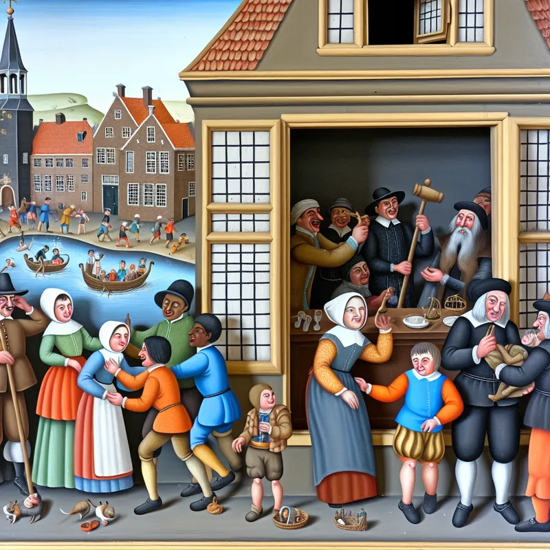 Een zakelijke man en een vissersvrouw schudden handen op een drukke straat in een Nederlandse stad, omringd door vrienden en een rechtbank