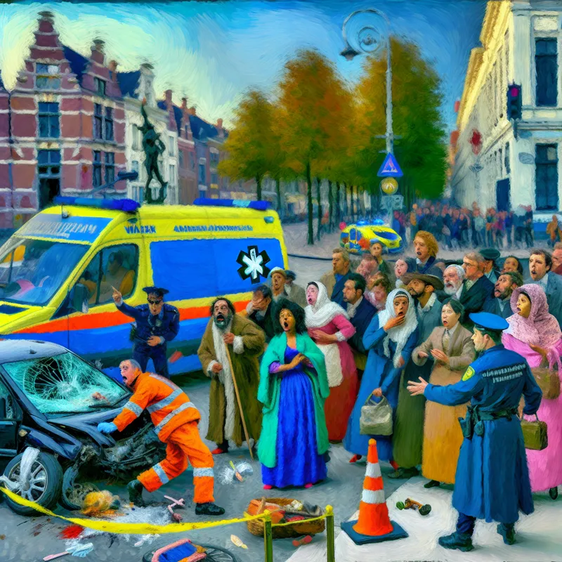 Een levendige scène van een verkeersongeluk op een druk kruispunt, met hulpdiensten en een bezorgde menigte nabij de wrakstukken.