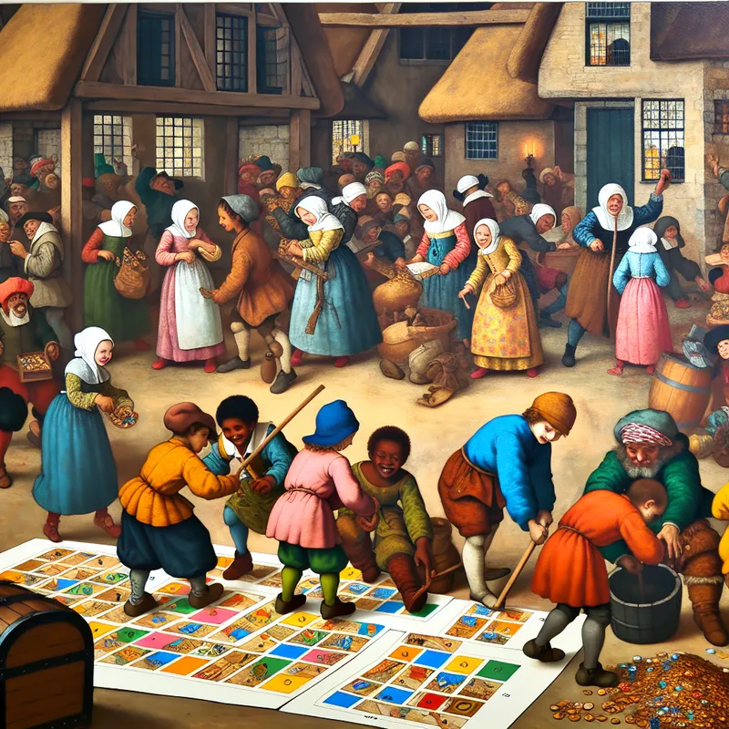 Een stel kinderen kijkt enthousiast naar kleurrijke schattenkaarten naast een grote schatkist vol met glinsterende juwelen en gouden munten in een levendig dorp.