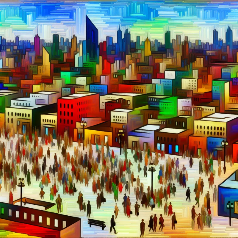 Levendige illustratie van een stadsgezicht met diverse gebouwen die de territoriale invloed van een bedrijf symboliseren.