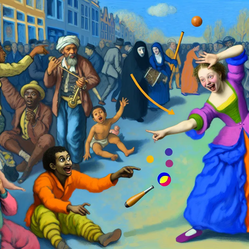 Een levendige scène in een stedelijke omgeving, waar mensen buitengewone activiteiten uitvoeren, met een persoon die kleurrijke objecten jongleert en een kind dat verwonderd wijst.